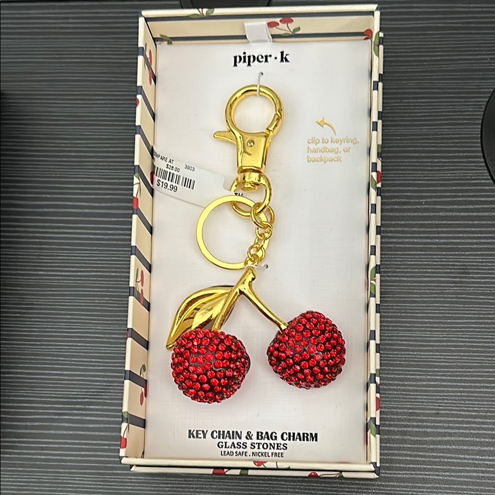 Piper K Gold Red Cherry Bag Charm Key Holder